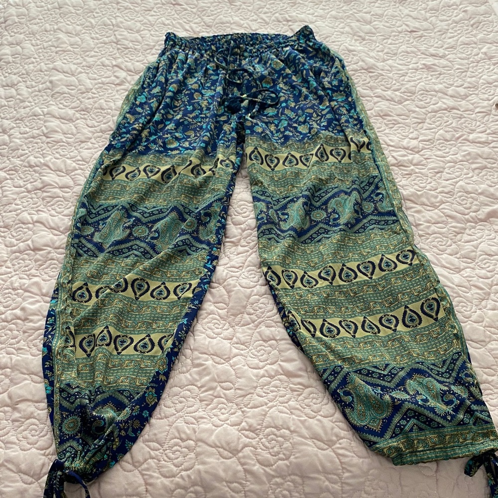 Boho Drawstring Pants - Blue Green Print